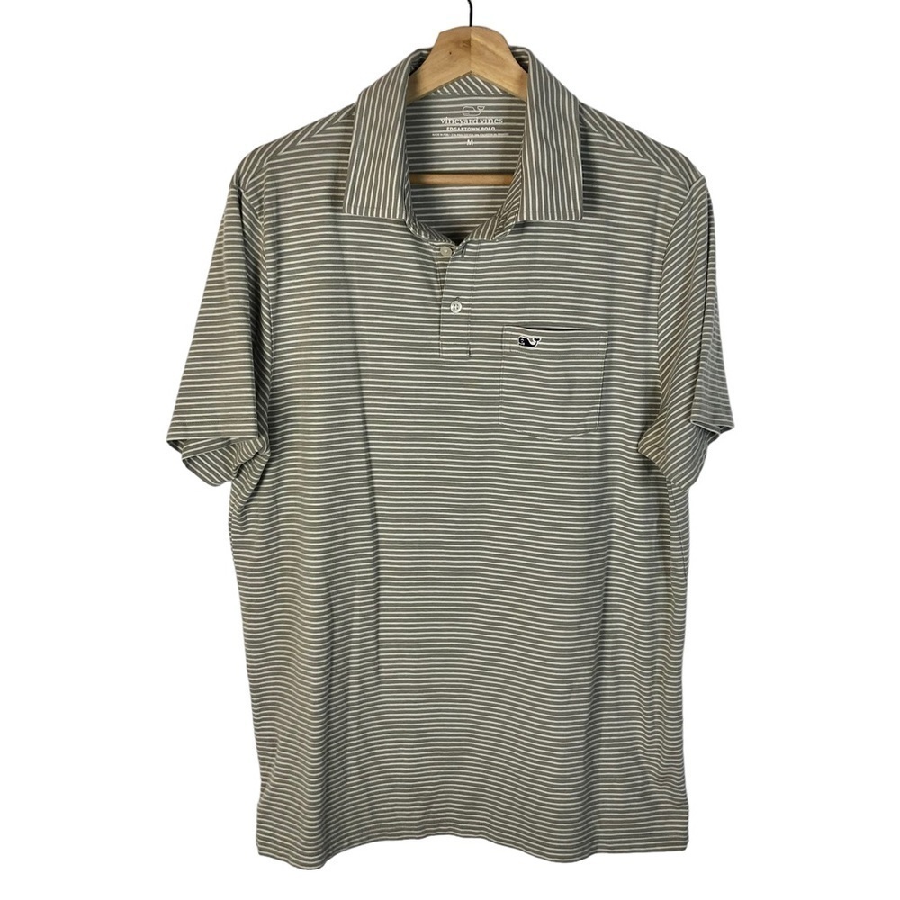 Vineyard Vines Edgartown Gray & White Stripe Short Sleeve Polo M